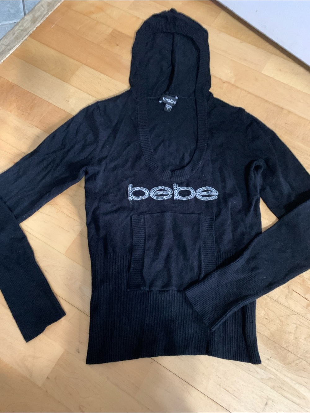 bebe Black V-Neck Hooded Sweater